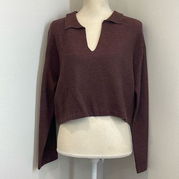Chocolate Brown Collared Cutout V cropped sweater - Picture 1 of 5